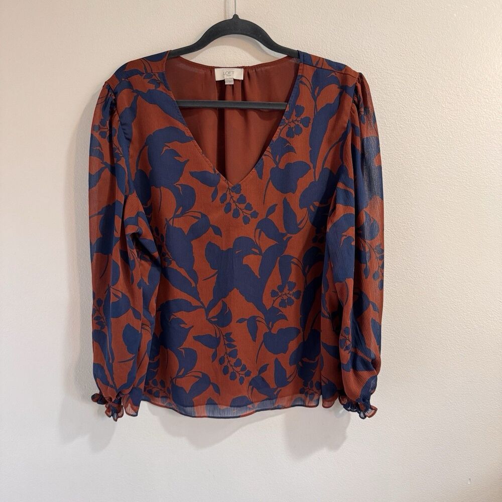 Ann Taylor LOFT Blouse Shirt XL Long Sleeve Chiffon Brown Blue Floral Smocked